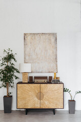 Closeup of living room interior with vintage decor.