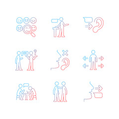 Fototapeta premium Effective communication gradient linear vector icons set. Socialization. Assertive speaker. Linguistic barriers. Thin line contour symbols bundle. Isolated outline illustrations collection
