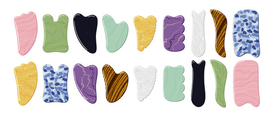 Big set of different gua sha stones are made of quartz, aventurine, jade, amethyst, sodalite. Facial gua sha massage tools. Home beauty routine, Chinese skin care. Hand drawn vector illustration.