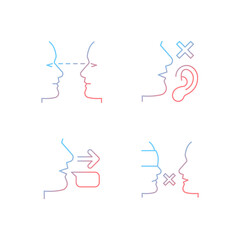 Improve everyday communication gradient linear vector icons set. Eye contact. Language disabilities. Message sender. Thin line contour symbols bundle. Isolated outline illustrations collection