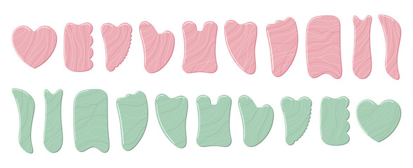 Big set of different gua sha stones are made of rose quartz and green aventurine. Facial gua sha scraping massage tools. Home beauty routine. Chinese skin care. Hand drawn vector illustration.