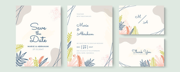 Elegant wedding invitation card leaves. Minimalist wedding invitation card template design, floral black line art ink drawing with square frame on light grey, brown, pink, blue