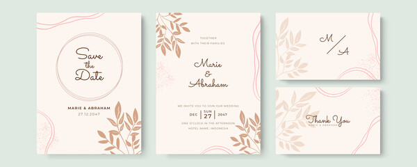 Elegant wedding invitation card leaves. Minimalist wedding invitation card template design, floral black line art ink drawing with square frame on light grey, brown, pink, blue