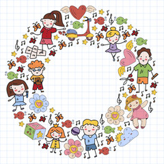 Children play with toys in the kindergarten. Kids playground. Education, creativity, imagination.