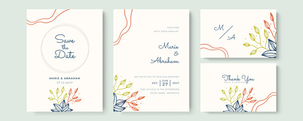 Obraz premium Minimalist botanical wedding invitation card template design, lemon orange pastel spring on blue and white, vintage style
