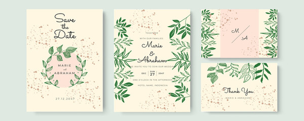 Modern wedding invitation template with green outline leaves. Minimalist wedding invitation card template design, floral brown line art ink drawing bouquet decorated on line frame on pastel color
