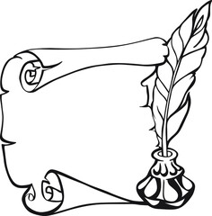 Scroll of paper, feather and inkwell in vintage sketch style. Hand drawn vector illustration.
