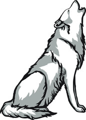Howling wolf vector file. Black and white wolf howling at the moon, husky.