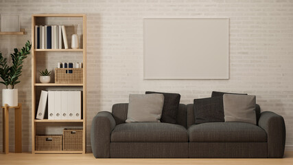 Scandinavian living room interior design, with grey sofa, wooden shelf, mockup poster frame on wall