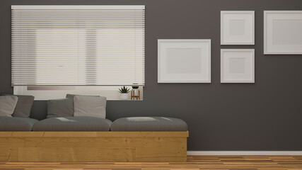 Comfortable modern living room with poster frame mockup on grey wall