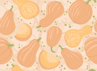 Vector seamless pattern with pumpkin. Plant decor for printing food labels, fabrics, food, paper.