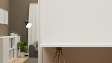 White table top for your brands promoting with white wallpaper and modern living room in background