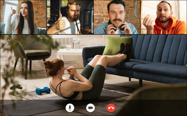 Collage, composite image. Group of young people watching online sport trainings, lessons using video app. PC, laptop screen with fitness coach and spectators, fans.
