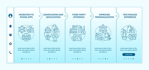 Loyalty programs modern trends onboarding vector template. Responsive mobile website with icons. Web page walkthrough 5 step screens. Bonus system tendencies color concept with linear illustrations
