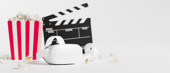 virtual reality headset with joysticks, striped popcorn box, movie clapper board,in white background