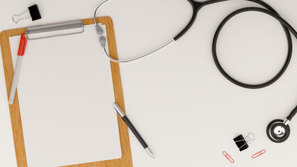 Medical equipment concept, stethoscope, medical clipboard blank sheet for your text
