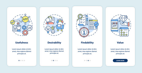 UX principles onboarding mobile app page screen. Usefulness, desirability walkthrough 4 steps graphic instructions with concepts. UI, UX, GUI vector template with linear color illustrations