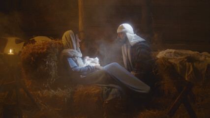 Joseph speaking with Mary after birth of Jesus