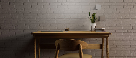 White brick wall with wooden worktable, wooden chair, modern decoration, copy space