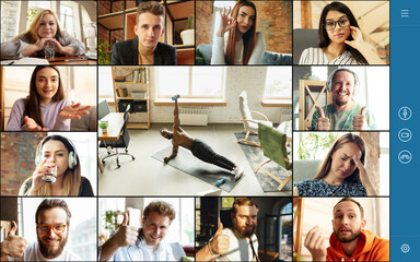 Collage, composite image. Group of young people watching online sport trainings, lessons using video app. PC, laptop screen with fitness coach and spectators, fans.