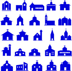 Church buildings blue flat icon collection set