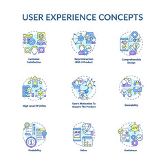 User experience concept icons set. Customer satisfaction idea thin line color illustrations. Desirability. Easy interaction with product. Vector isolated outline drawings. Editable stroke