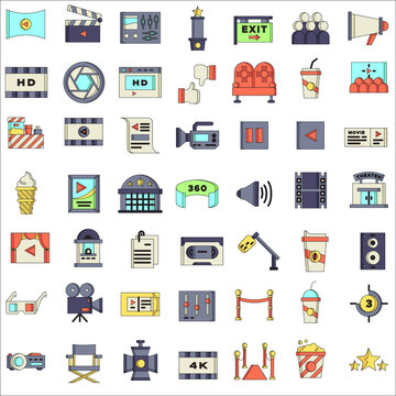 Cinema field colour flat icon collection set