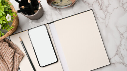 smartphone mockup, notebook blank space for your text on marble background