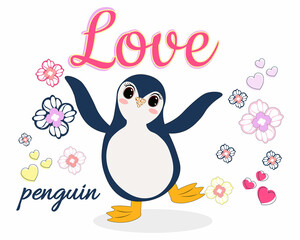 Cute penguin vector illustration with cute background. Perfect for greeting cards, party invitations, posters, stickers, pin, scrapbooking, icons.