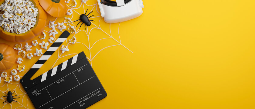 Halloween Virtual Experience Movie Night Banner Concept, Yellow Background, 3d Rendering
