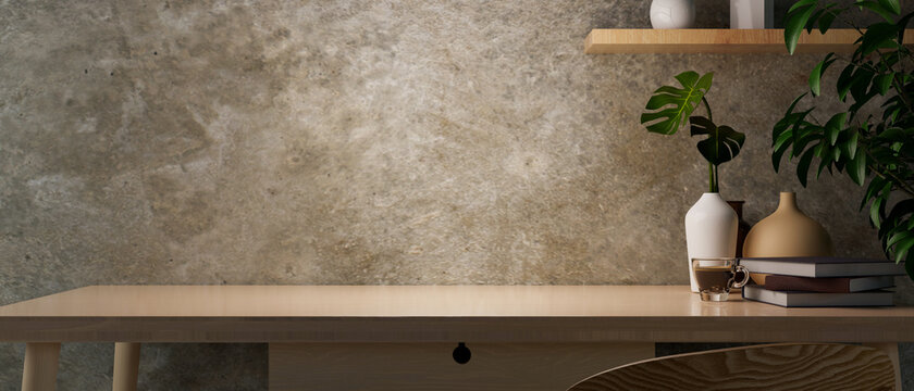 Modern grunge concrete loft wall, with copy space on wood desk