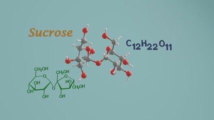 Sucrose non reducing invert sugar disaccharide science chemical structure and model 3D rendering illustration
