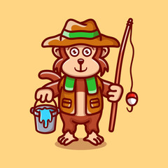 cute monkey fisherman cartoon illustration