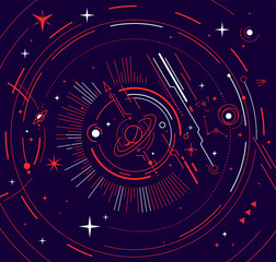 Vector abstract horizontal red and blue space illustration with star, planet and line © wowomnom
