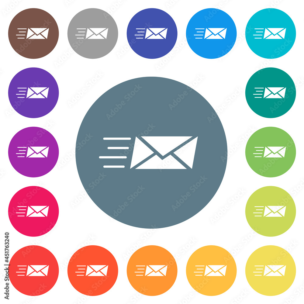 Poster sending express mail solid flat white icons on round color backgrounds