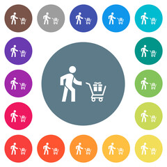 Shopping person with gifts flat white icons on round color backgrounds