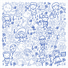 Children play with toys in the kindergarten. Kids playground. Education, creativity, imagination.