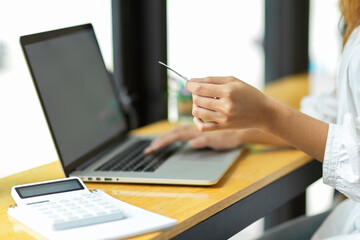 Side view, close up hands, holding credit card and using laptop
