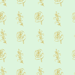 Seamless gold line floral vector pattern on a mint turquoise hand drawn background.Botanical repeating ornament in doodle style.Design for wrapping paper,packaging,textiles,fabric,web,social media.