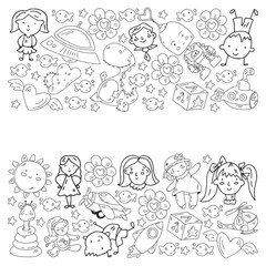 Children play with toys in the kindergarten. Kids playground. Education, creativity, imagination.