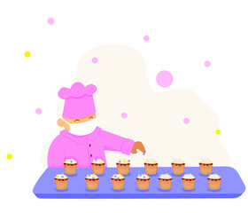 masked chef preparing cakes cute illustration