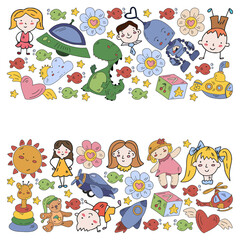 Children play with toys in the kindergarten. Kids playground. Education, creativity, imagination.