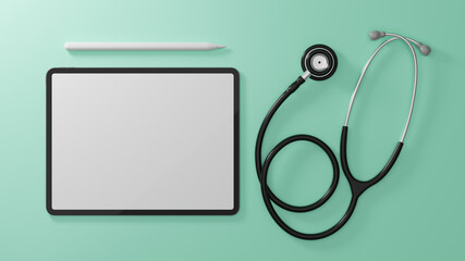 Concept of medical information, tablet screen mockup, stethoscope on green medical background