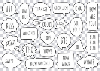 Bubble speech collection communicate isolated on transparent background. Hand drawn doodle. Vector illustration.