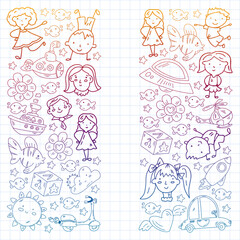 Children play with toys in the kindergarten. Kids playground. Education, creativity, imagination.