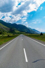 Asphalt highway among the spruce forest leading to the mountains in the Altai Mountains