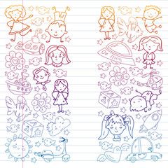 Children play with toys in the kindergarten. Kids playground. Education, creativity, imagination.