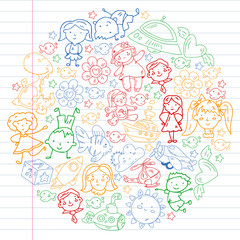 Children play with toys in the kindergarten. Kids playground. Education, creativity, imagination.