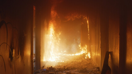 Corridor of a residential building in a flame of fire