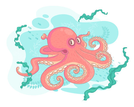 Cartoon vector illustration of a sea dweller, an octopus with tentacles. Print for clothing, website design, children's theme.